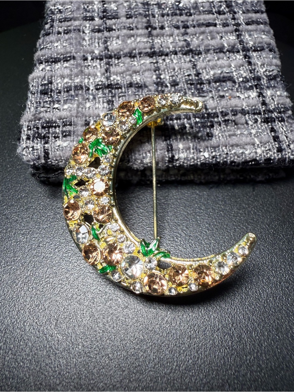 Gold Crescent Moon Brooch with Champagne Crystals and Green Accents